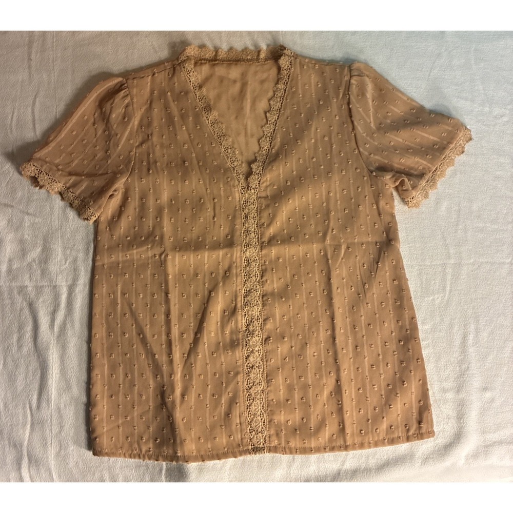 Women's Top Lg Beige Semi-Sheer Coquette Boho Chic Romantic Lace-trim Swiss-dot